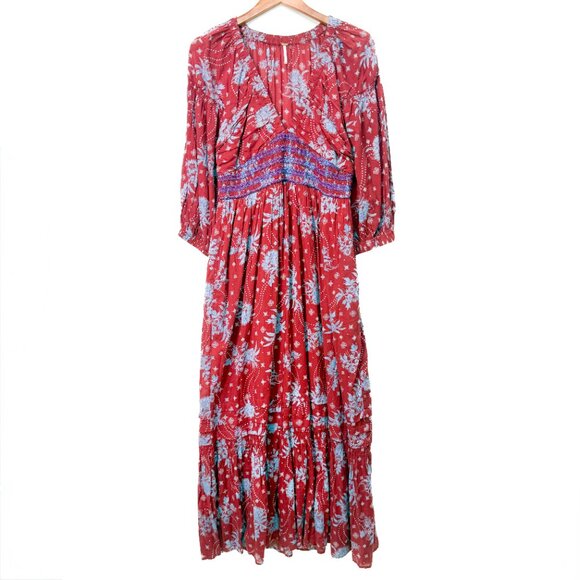 Free People Womens Dress Golden Hour Maxi V-neck Floral Balloon Sleeve MEDIUM - Picture 1 of 9